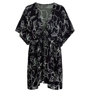 Time and Tru Ruched‎ Tie-Front Kimono Top L/XL Black White Floral New NWT